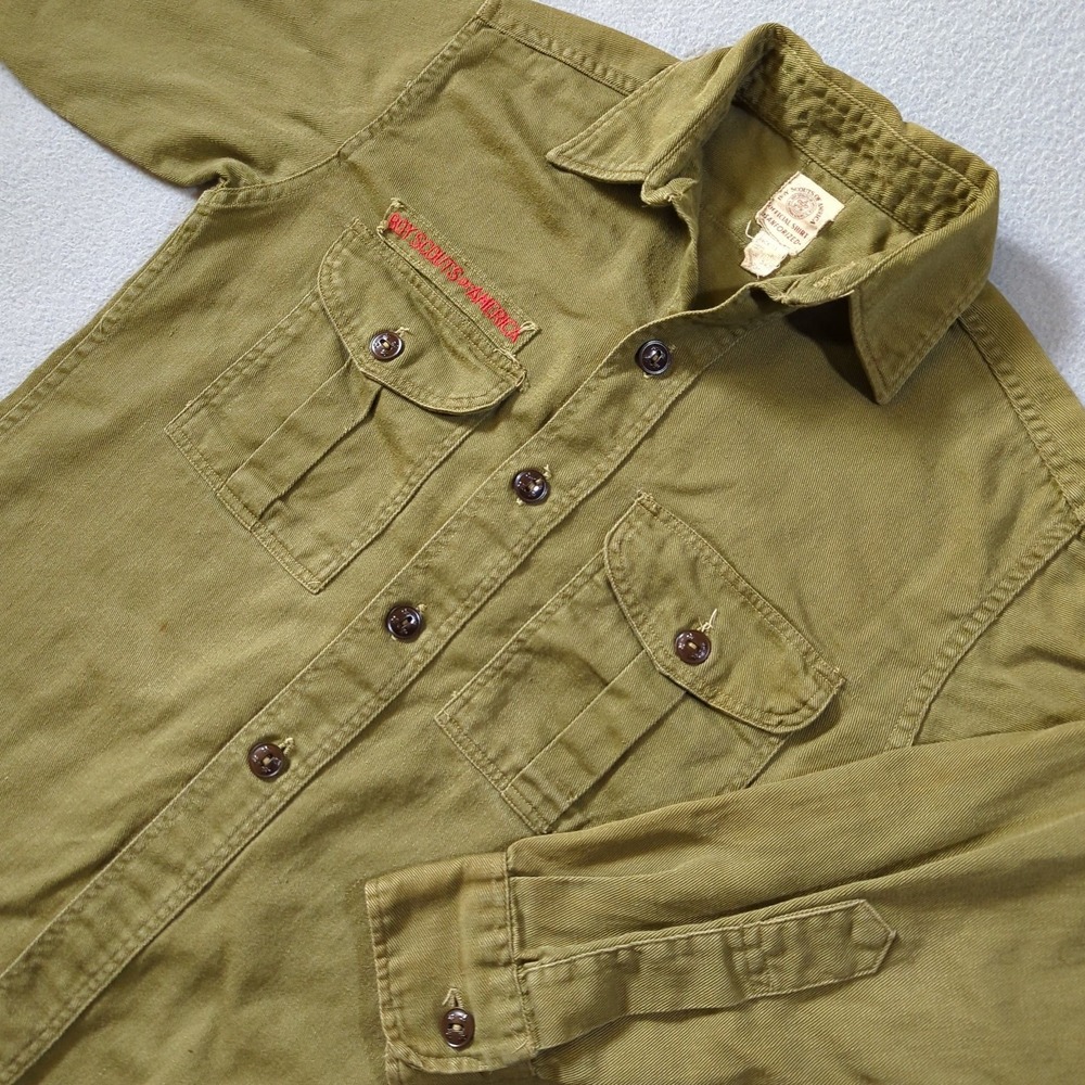 Vintage Boy Scouts of‎ America Youth Shirt Olive Green Sanforized Patch 188